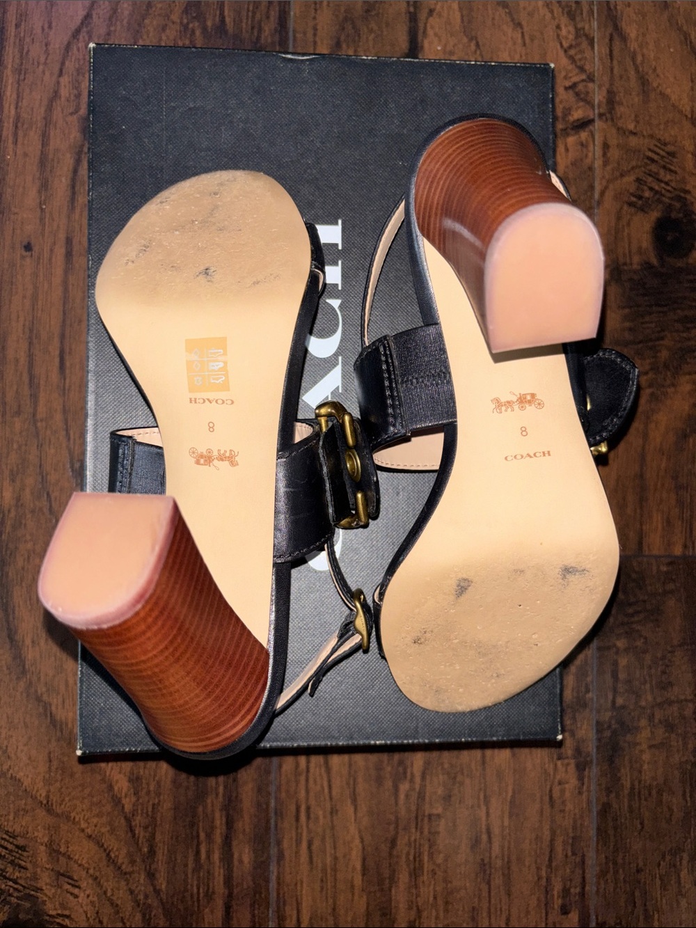 Coach Black Leather Slingback Sandals with Gold Buckle Accents - Picture 5 of 8